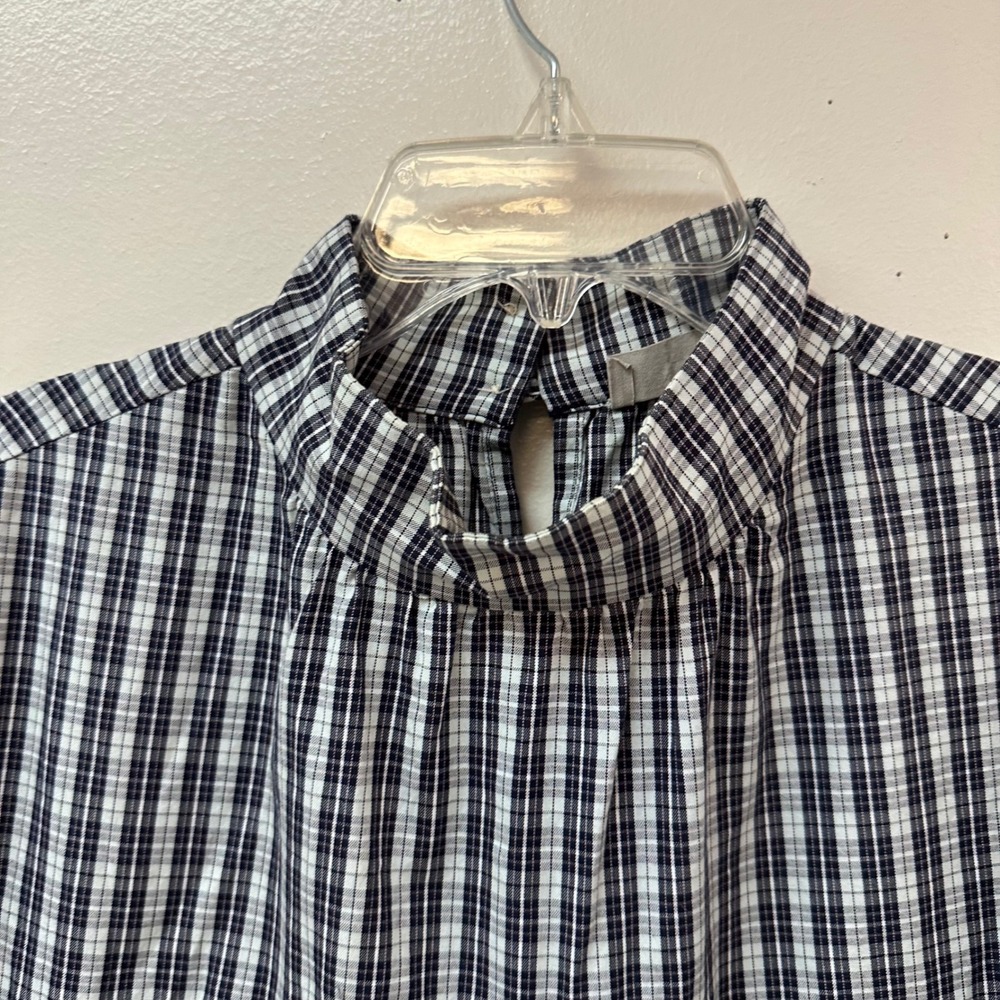 Everlane Navy White Plaid Tiered Mock Neck Dress Cotton Pockets Small S - Picture 4 of 10